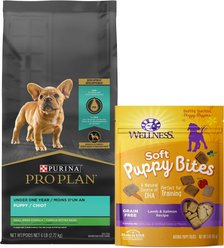 Purina Pro Plan Puppy Small Breed Chicken & Rice Formula Dry Dog Food, 6-lb bag + Wellness Soft Puppy Bites Lamb & Salmon Recipe Grain-Free Dog Treats, 3-oz pouch