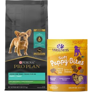 Purina Pro Plan Puppy Small Breed Chicken & Rice Formula Dry Dog Food, 6-lb bag + Wellness Soft Puppy Bites Lamb & Salmon Recipe Grain-Free Dog Treats, 3-oz pouch