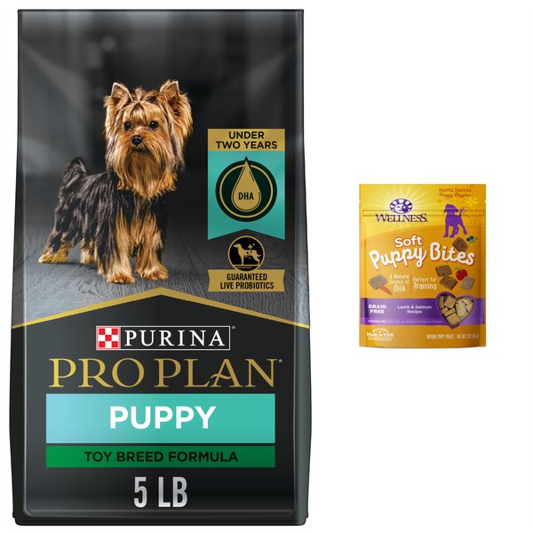 Purina Pro Plan Puppy Toy Breed Chicken & Rice Formula Dry Dog Food, 5-lb bag + Wellness Soft Puppy Bites Lamb & Salmon Recipe Grain-Free Dog Treats, 3-oz pouch slide 1 of 8