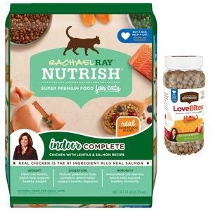 Rachael Ray Nutrish Indoor Complete Chicken with Lentils & Salmon Recipe Natural Dry Cat Food, 14-lb bag + Rachael Ray Nutrish LoveBites Chicken Flavor Cat Treats, 12.5-oz canister