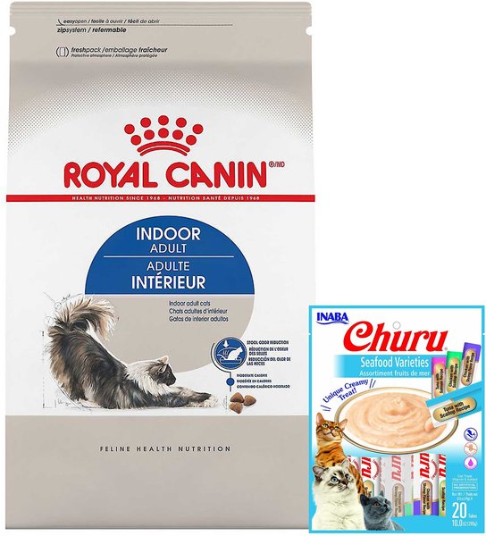 Royal Canin Indoor Adult Dry Cat Food, 15-lb bag + Inaba Churu Seafood Puree Variety Pack Grain-Free Lickable Cat Treat, 0.5-oz tube, 20 count slide 1 of 6