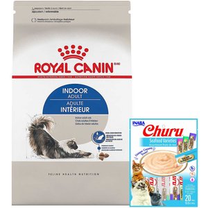 Royal Canin Indoor Adult Dry Cat Food, 15-lb bag + Inaba Churu Seafood Puree Variety Pack Grain-Free Lickable Cat Treat, 0.5-oz tube, 20 count