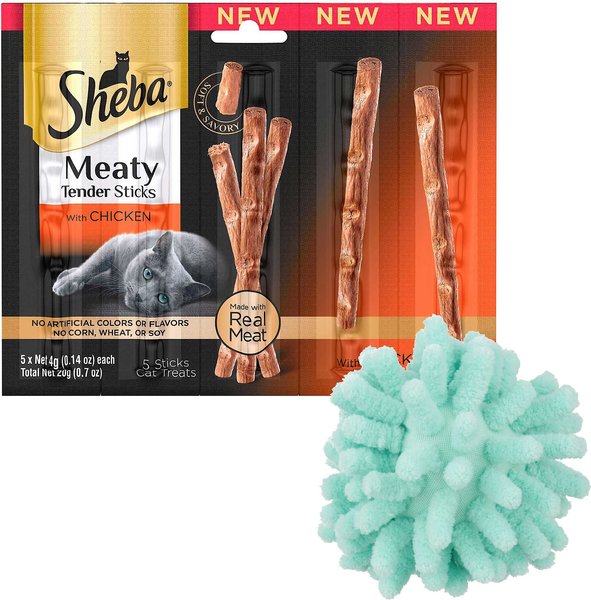 Sheba Meaty Tender Sticks Chicken Cat Treats, 5 count + Frisco Moppy Ball Cat Toy, Blue slide 1 of 5