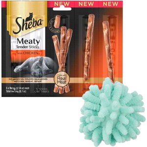 Sheba Meaty Tender Sticks Chicken Cat Treats, 5 count + Frisco Moppy Ball Cat Toy, Blue
