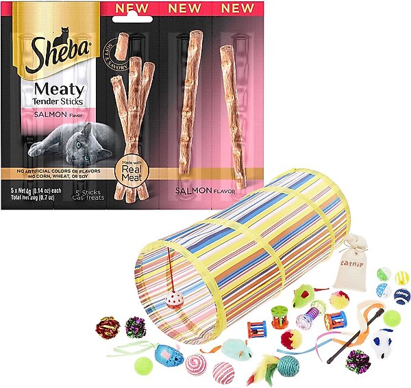 Sheba Meaty Tender Sticks Salmon Flavored Cat Treats, 5 count + Frisco Plush, Teaser, Ball & Tunnel Variety Pack Cat Toy with Catnip, 25 count slide 1 of 5