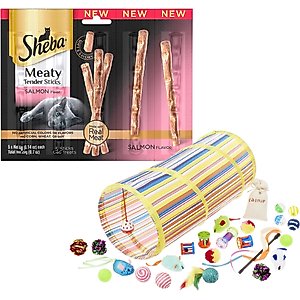Sheba Meaty Tender Sticks Salmon Flavored Cat Treats, 5 count + Frisco Plush, Teaser, Ball & Tunnel Variety Pack Cat Toy with Catnip, 25 count