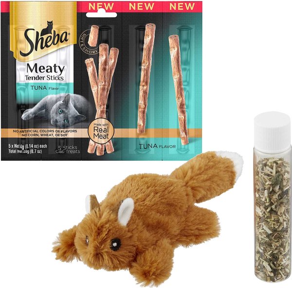 Sheba Meaty Tender Sticks Tuna Flavored Cat Treats, 5 count + Frisco Refillable Catnip Cat Toy, Brown Squirrel slide 1 of 6