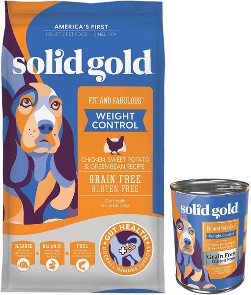 Solid Gold Fit & Fabulous Weight Control Grain-Free Chicken, Sweet Potato & Green Bean Dry Dog Food, 24-lb bag + Solid Gold Fit & Fabulous Chicken, Sweet Potato & Green Bean Weight Control Recipe Grain-Free Canned Dog Food, 13.2-oz, case of 6 slide 1 of 6