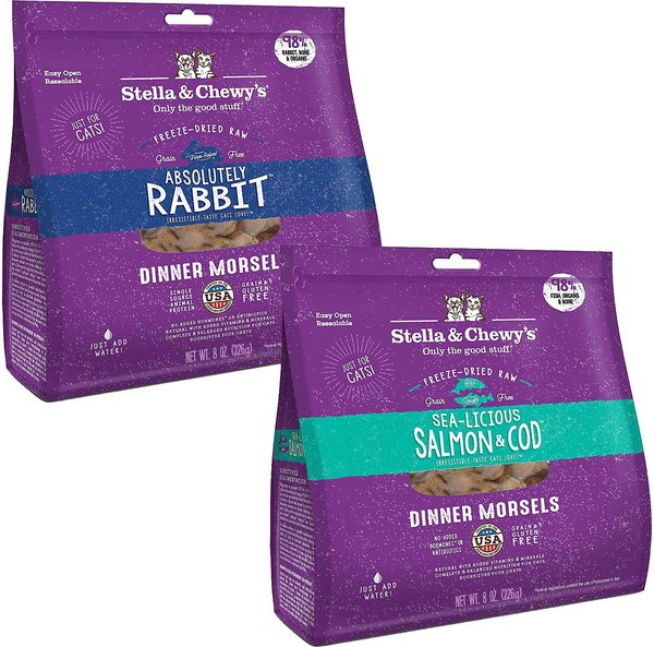Stella & Chewy's Absolutely Rabbit Dinner Morsels Freeze-Dried Raw Cat Food, 8-oz bag + Stella & Chewy's Sea-licious Salmon & Cod Dinner Morsels Freeze-Dried Raw Cat Food, 8-oz bag slide 1 of 9