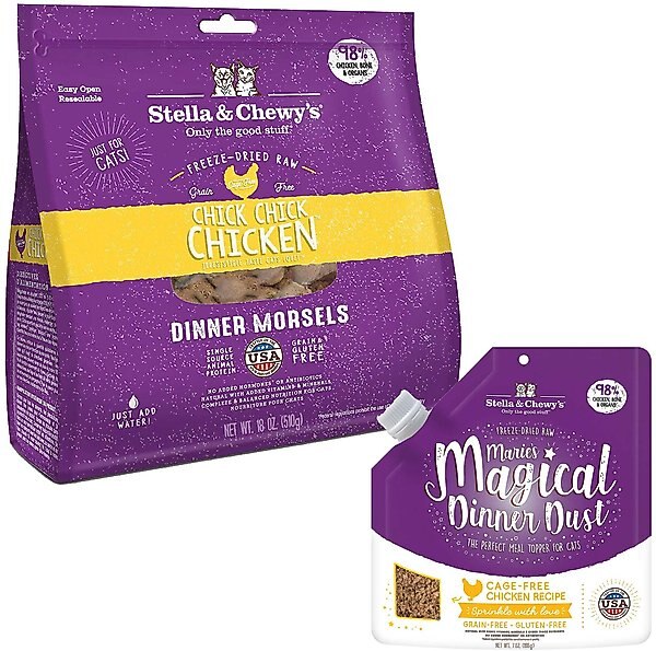 Stella & Chewy's Chick Chick Chicken Dinner Morsels Freeze-Dried Raw Cat Food, 18-oz bag + Stella & Chewy's Marie's Magical Dinner Dust Cage Free Chicken Recipe Freeze-Dried Raw Cat Food Topper, 7-oz bag slide 1 of 6