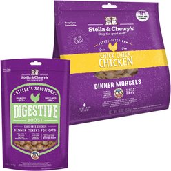 Stella & Chewy's Chick Chick Chicken Dinner Morsels Freeze-Dried Raw Cat Food, 18-oz bag + Stella & Chewy's Stella's Solutions Digestive Boost Chicken Freeze-Dried Raw Cat Food, 7.5-oz bag