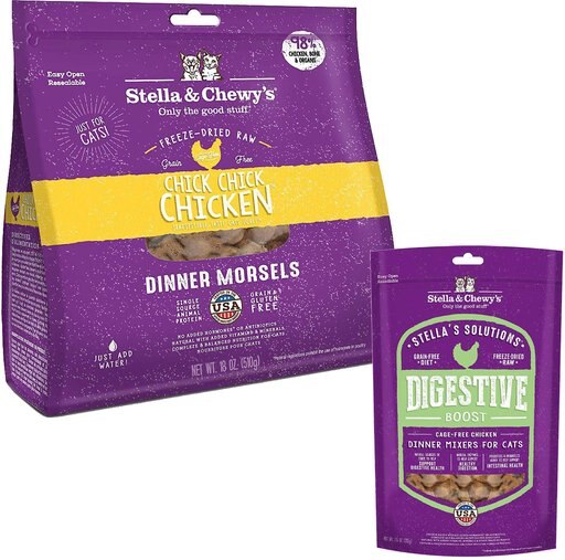 Stella & Chewy's Chick Chick Chicken Dinner Morsels Freeze-Dried Raw Cat Food, 18-oz bag + Stella & Chewy's Stella's Solutions Digestive Boost Chicken Freeze-Dried Raw Cat Food, 7.5-oz bag