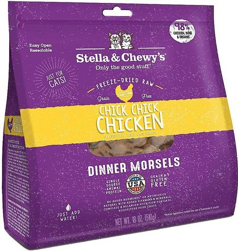 Stella & Chewy's Chick Chick Chicken Dinner Morsels Freeze-Dried Raw Cat Food, 18-oz bag + Stella & Chewy's Stella's Solutions Digestive Boost Chicken Freeze-Dried Raw Cat Food, 7.5-oz bag