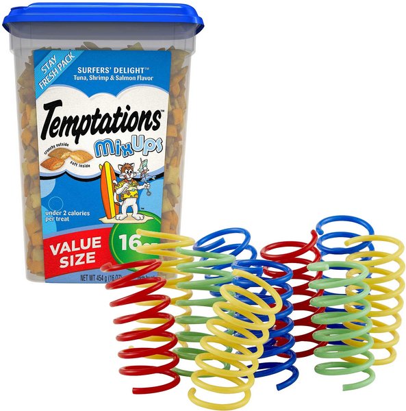 Temptations Mixups Surfers' Delight Cat Treats, 16-oz tub + Frisco Colorful Springs Cat Toy, 10 count slide 1 of 7