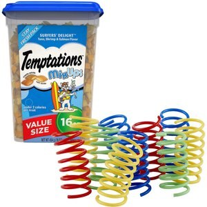 Temptations Mixups Surfers' Delight Cat Treats, 16-oz tub + Frisco Colorful Springs Cat Toy, 10 count