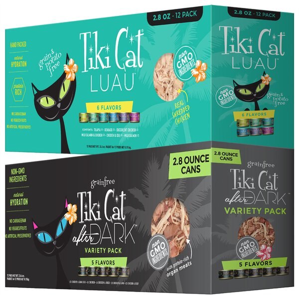 Tiki Cat Queen Emma Luau Variety Pack Grain-Free Canned Cat Food, 2.8-oz, case of 12 + Tiki Cat After Dark Variety Pack Canned Cat Food, 2.8-oz, case of 12 slide 1 of 7