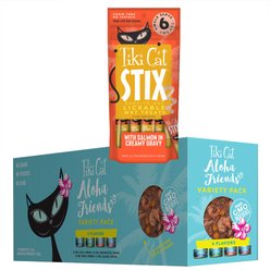 Tiki Cat Stix Salmon in Gravy Grain-Free Wet Cat Treat, 0.5-oz pouch, pack of 6 + Tiki Cat Aloha Friends Variety Pack Grain-Free Wet Cat Food, 3-oz can, case of 12