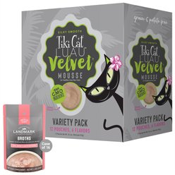 Tiki Cat Velvet Mousse Variety Pack Grain-Free Wet Cat Food, 2.8-oz pouch, case of 12 + American Journey Landmark Broths Tuna, Shrimp and Whitefish Recipe Wet Cat Food Complement Pouches, 1.4-oz case of 16