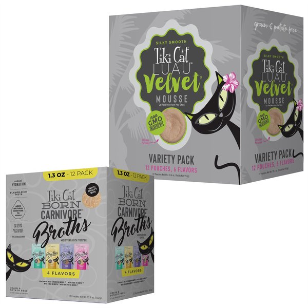 Tiki Cat Velvet Mousse Variety Pack Grain-Free Wet Cat Food, 2.8-oz pouch, case of 12 + Tiki Cat Broths Variety Pack Grain-free Wet Cat Food Topper, 1.3-oz pouch, case of 12 slide 1 of 6