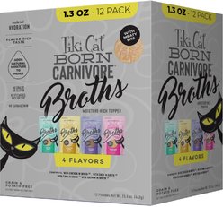 Tiki Cat Velvet Mousse Variety Pack Grain-Free Wet Cat Food, 2.8-oz pouch, case of 12 + Tiki Cat Broths Variety Pack Grain-free Wet Cat Food Topper, 1.3-oz pouch, case of 12 slide 2 of 6