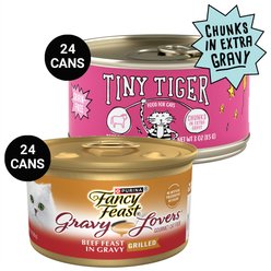 Tiny Tiger Chunks in EXTRA Gravy Beef Recipe Grain-Free Canned Cat Food, 3-oz, case of 24 + Fancy Feast Gravy Lovers Beef Feast in Roasted Beef Flavor Gravy Canned Cat Food, 3-oz, case of 24