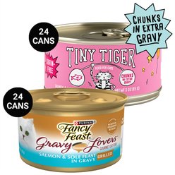 Tiny Tiger Chunks in EXTRA Gravy Salmon & Whitefish Recipe Grain-Free Canned Cat Food, 3-oz, case of 24 + Fancy Feast Gravy Lovers Salmon & Sole Feast in Seared Salmon Flavor Gravy Canned Cat Food, 3-oz, case of 24