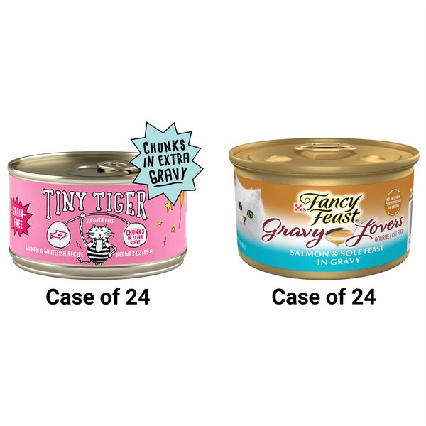 Tiny Tiger Chunks in EXTRA Gravy Salmon & Whitefish Recipe Grain-Free Canned Cat Food, 3-oz, case of 24 + Fancy Feast Gravy Lovers Salmon & Sole Feast in Seared Salmon Flavor Gravy Canned Cat Food, 3-oz, case of 24 slide 1 of 7