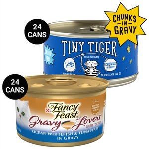 Tiny Tiger Chunks in Gravy Tuna Recipe Grain-Free Canned Cat Food, 3-oz, case of 24 + Fancy Feast Gravy Lovers Ocean Whitefish & Tuna Feast in Sauteed Seafood Flavor Gravy Canned Cat Food, 3-oz, case of 24