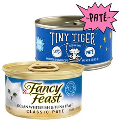 Tiny Tiger Pate Whitefish and Tuna Recipe Grain-Free Canned Cat Food, 3-oz, case of 24 + Fancy Feast Classic Ocean Whitefish & Tuna Feast Canned Cat Food, 3-oz, case of 24