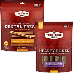 True Acre Foods, All-Natural Dental Chew Sticks, Peanut Butter Flavor, 32 count + True Acre Foods Hearty Bones Long-Lasting Beef Flavored Treats, 16-oz bag