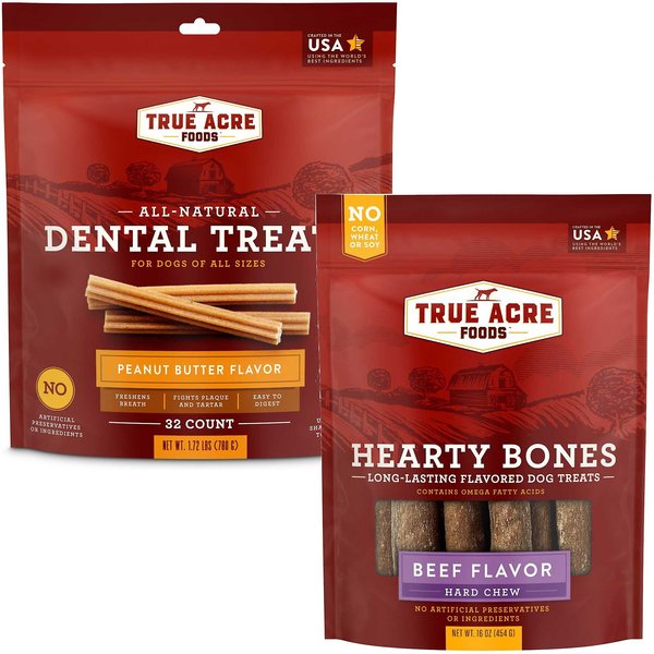 True Acre Foods, All-Natural Dental Chew Sticks, Peanut Butter Flavor, 32 count + True Acre Foods Hearty Bones Long-Lasting Beef Flavored Treats, 16-oz bag slide 1 of 8