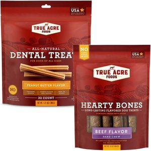 True Acre Foods, All-Natural Dental Chew Sticks, Peanut Butter Flavor, 32 count + True Acre Foods Hearty Bones Long-Lasting Beef Flavored Treats, 16-oz bag