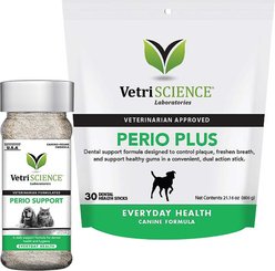 VetriScience Perio Support Everyday Health Dog & Cat Powder Formula, 4.2-oz bottle + VetriScience Perio Plus Everyday Health Dental Stix Dental Dog Treats, 30 count