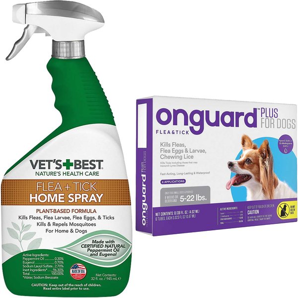 Vet's Best Dog Flea + Tick Home Spray, 32-oz bottle + Onguard Flea & Tick Spot Treatment for Dogs, 5-22 lbs, 6 Doses (6-mos. supply) slide 1 of 8