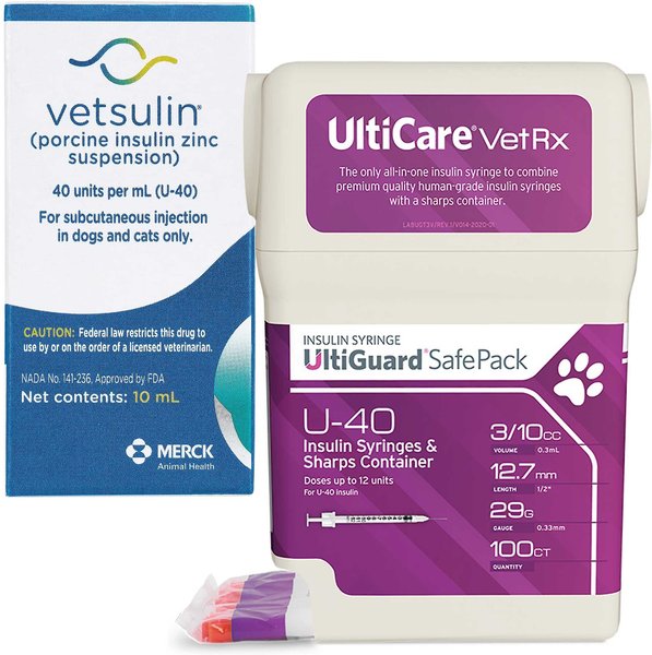 Vetsulin Insulin U-40 for Dogs & Cats, 10-mL + UltiCare UltiGuard Safe Pack Insulin Syringes U-40 29 G x 0.5-in, 0.3-cc, 100 count slide 1 of 9