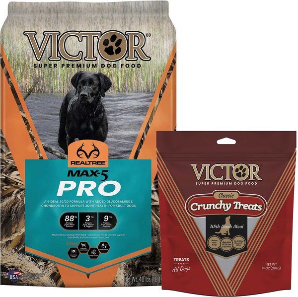 VICTOR Realtree MAX-5 PRO Dry Dog Food, 40-lb bag + VICTOR Crunchy Treats Lamb Meal Dog Treats, 14-oz bag slide 1 of 6
