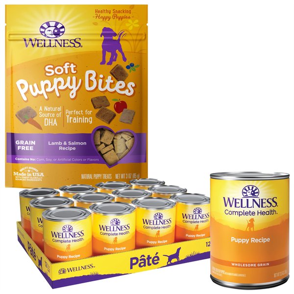 Wellness Complete Health Just for Puppy Canned Dog Food, 12.5-oz, case of 12 + Wellness Soft Puppy Bites Lamb & Salmon Recipe Grain-Free Dog Treats, 3-oz pouch slide 1 of 7