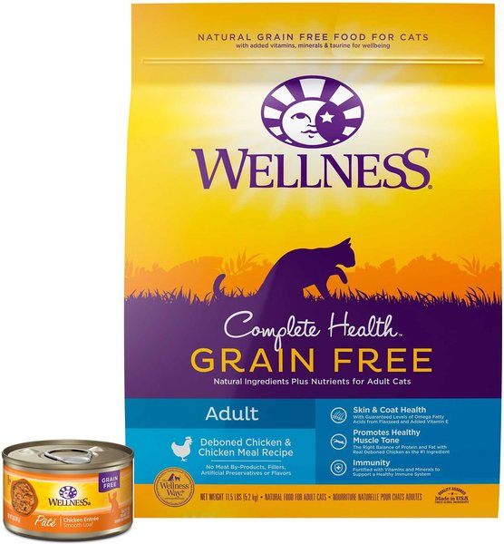 Wellness Complete Health Pate Chicken Entree Grain-Free Canned Cat Food, 3-oz, case of 24 + Wellness Complete Health Natural Grain-Free Deboned Chicken & Chicken Meal Dry Cat Food, 11.5-lb bag slide 1 of 7