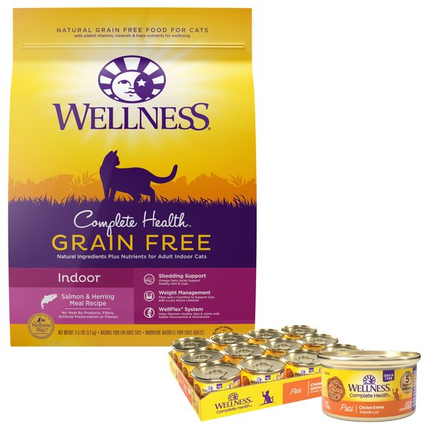 Wellness Complete Health Pate Chicken Entree Grain-Free Canned Cat Food, 3-oz, case of 24 + Wellness Complete Health Natural Grain-Free Salmon & Herring Dry Cat Food, 11.5-lb bag slide 1 of 6