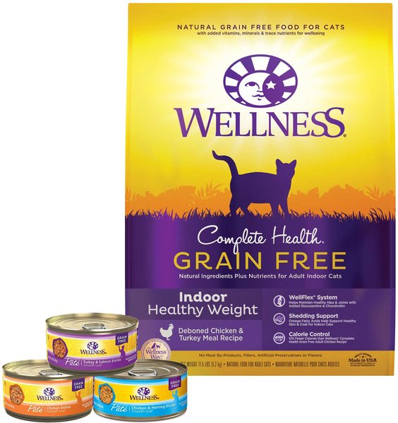 Wellness Complete Health Poultry Lovers Pate Variety Pack Grain-Free Canned Cat Food, 5.5-oz, case of 30 + Wellness Complete Health Grain-Free Indoor Healthy Weight Chicken Recipe Dry Cat Food, 11.5-lb bag slide 1 of 8