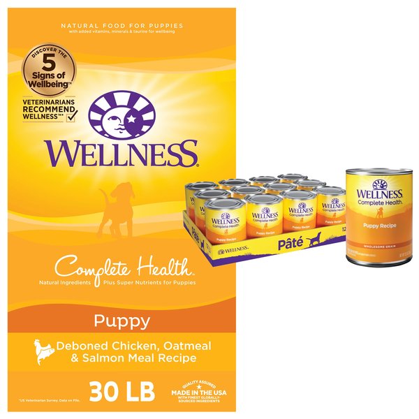 Wellness Complete Health Puppy Deboned Chicken, Oatmeal & Salmon Meal Recipe Dry Dog Food, 30-lb bag + Wellness Complete Health Just for Puppy Canned Dog Food, 12.5-oz, case of 12 slide 1 of 9