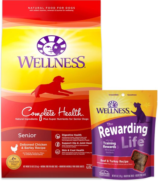 Wellness Complete Health Senior Deboned Chicken & Barley Recipe Dry Dog Food, 30-lb bag + Wellness WellBites Beef & Turkey Recipe Soft & Chewy Grain-Free Dog Treats, 6-oz bag slide 1 of 9