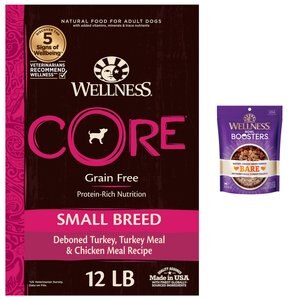 Wellness CORE Grain-Free Small Breed Turkey & Chicken Recipe Dry Dog Food, 12-lb bag + Wellness CORE Bowl Boosters Bare Turkey Freeze-Dried Dog Food Mixer or Topper, 4-oz bag