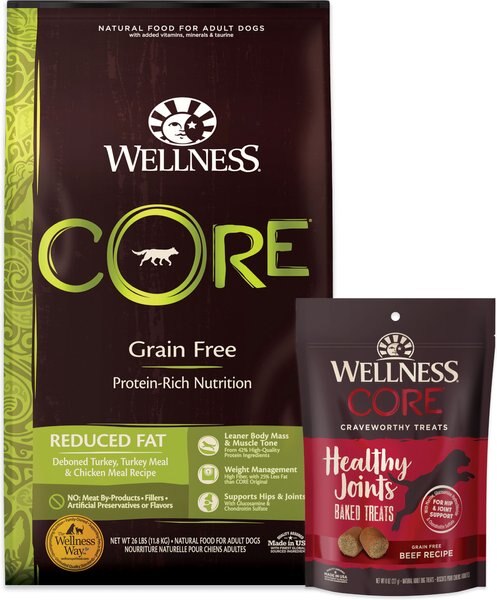 Wellness CORE Grain-Free Reduced Fat Formula Dry Dog Food, 26-lb bag + Wellness CORE Grain-Free Marrow Roasts Hearty Beef Recipe Dog Treats, 8-oz bag slide 1 of 9