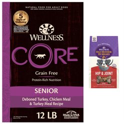 Wellness CORE Grain-Free Senior Deboned Turkey Recipe Dry Dog Food, 12-lb bag + Old Mother Hubbard Mother's Solution's Hip & Joint Baked Dog Treats, 20-oz bag