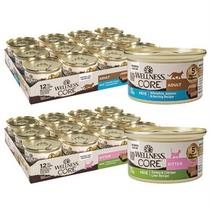 Wellness CORE Natural Grain-Free Turkey & Chicken Liver Pate Canned Kitten Food, 3-oz, case of 12 + Wellness CORE Grain-Free Salmon, Whitefish & Herr