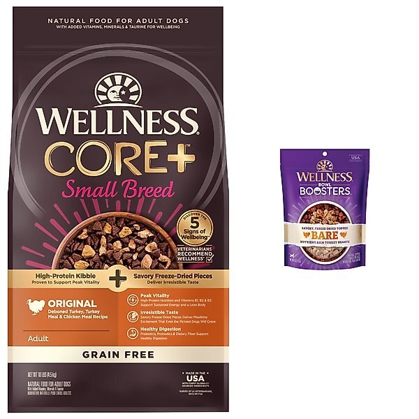 Wellness CORE RawRev Grain-Free Small Breed Original Recipe with Freeze-Dried Turkey Dry Dog Food, 10-lb bag + Wellness CORE Bowl Boosters Bare Turkey Freeze-Dried Dog Food Mixer or Topper, 4-oz bag slide 1 of 9
