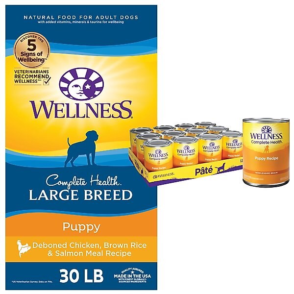 Wellness Large Breed Complete Health Puppy Deboned Chicken, Brown Rice & Salmon Meal Recipe Dry Dog Food, 30-lb bag + Wellness Complete Health Just for Puppy Canned Dog Food, 12.5-oz, case of 12 slide 1 of 7