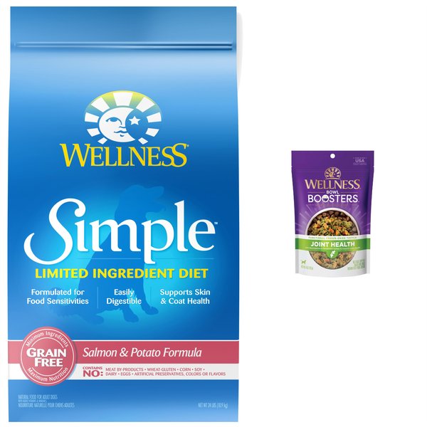 Wellness Simple Limited Ingredient Diet Grain-Free Salmon & Potato Formula Dry Dog Food, 24-lb bag + Wellness CORE Bowl Boosters Joint Health Adult Dry Dog Food Topper, 4-oz bag slide 1 of 9
