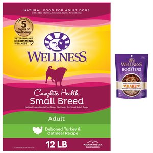 Wellness Small Breed Complete Health Adult Turkey & Oatmeal Recipe Dry Dog Food, 12-lb bag + Wellness CORE Bowl Boosters Bare Turkey Freeze-Dried Dog Food Mixer or Topper, 4-oz bag